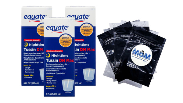 Maximum Strength Nighttime Tussin DM Max Liquid, 3 pack, 8fl oz per pack, plus 3 My Outlet Mall Resealable Storage Pouches