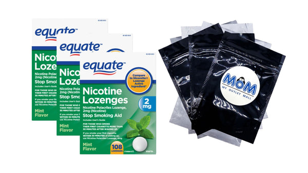 Nicotine Lozenge 2 mg, Stop Smoking Aid, Mint Flavor, 3 pack, 108 count per pack, plus 3 My Outlet Mall Resealable Storage Pouches