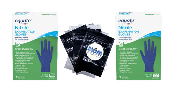 Nitrile Exam Gloves, One Size Fits Most, 2 pack, 100 count per pack, plus 3 My Outlet Mall Resealable Storage Pouches