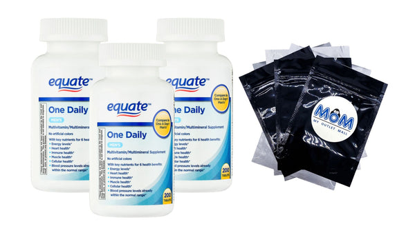 One Daily Men's Multivitamin or Multimineral Supplement Tablets, 3 pack, 200 count per pack, plus 3 My Outlet Mall Resealable Storage Pouches