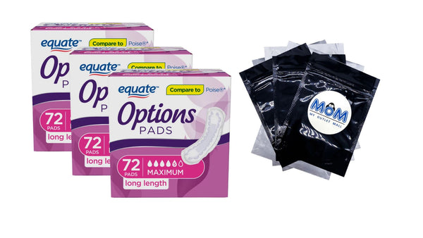 Options Women's Incontinence Pads, Maximum Absorbency, Long Length, 3 pack, 72 count per pack, plus 3 My Outlet Mall Resealable Storage Pouches