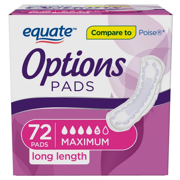 Options Women's Incontinence Pads, Maximum Absorbency, Long Length, 3 pack, 72 count per pack, plus 3 My Outlet Mall Resealable Storage Pouches