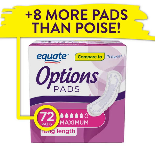 Options Women's Incontinence Pads, Maximum Absorbency, Long Length, 3 pack, 72 count per pack, plus 3 My Outlet Mall Resealable Storage Pouches