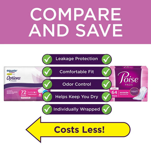 Options Women's Incontinence Pads, Maximum Absorbency, Long Length, 1 pack, 72 count, plus 3 My Outlet Mall Resealable Storage Pouches
