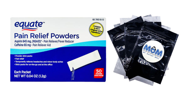 Pain Relief Powders, Aspirin 845 mg and Caffeine 65 mg, 1 pack, 50 count, plus 3 My Outlet Mall Resealable Storage Pouches