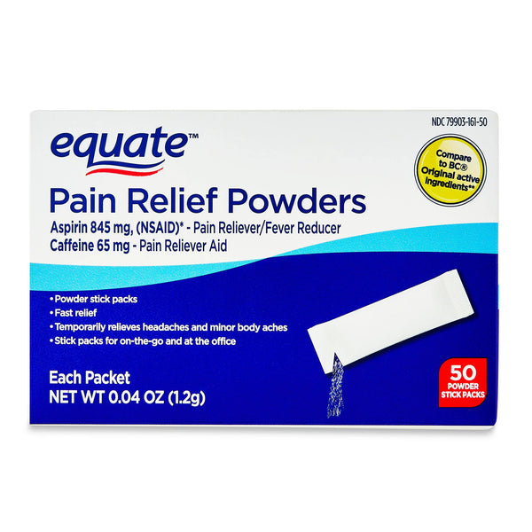 Pain Relief Powders, Aspirin 845 mg and Caffeine 65 mg, 1 pack, 50 count, plus 3 My Outlet Mall Resealable Storage Pouches
