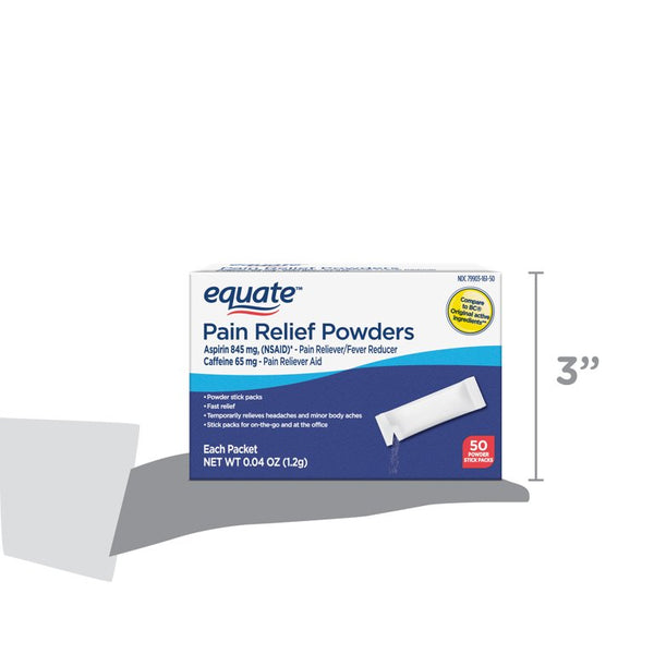 Pain Relief Powders, Aspirin 845 mg and Caffeine 65 mg, 1 pack, 50 count, plus 3 My Outlet Mall Resealable Storage Pouches