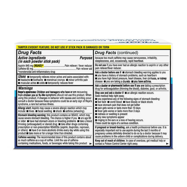 Pain Relief Powders, Aspirin 845 mg and Caffeine 65 mg, 1 pack, 50 count, plus 3 My Outlet Mall Resealable Storage Pouches