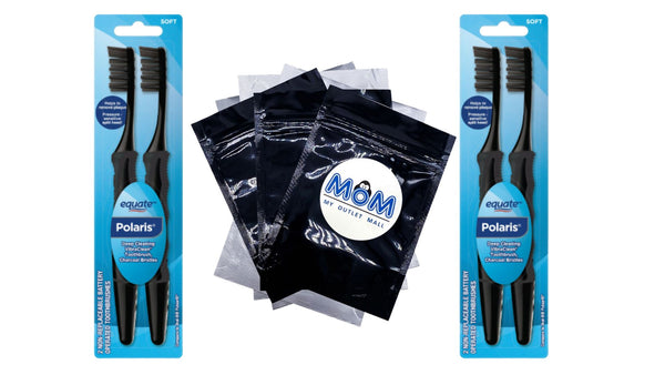 Polaris Deep Cleaning VibraClean Toothbrush with Charcoal Bristles, Deep Cleaning Soft Bristles, 2 pack, 2 count per pack, plus 3 My Outlet Mall Resealable Storage Pouches