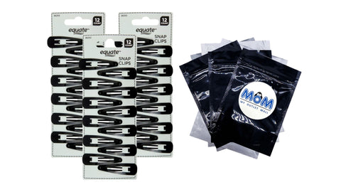 Snap Clips, Black, 3 pack, 12 count per pack, plus 3 My Outlet Mall Resealable Storage Pouches