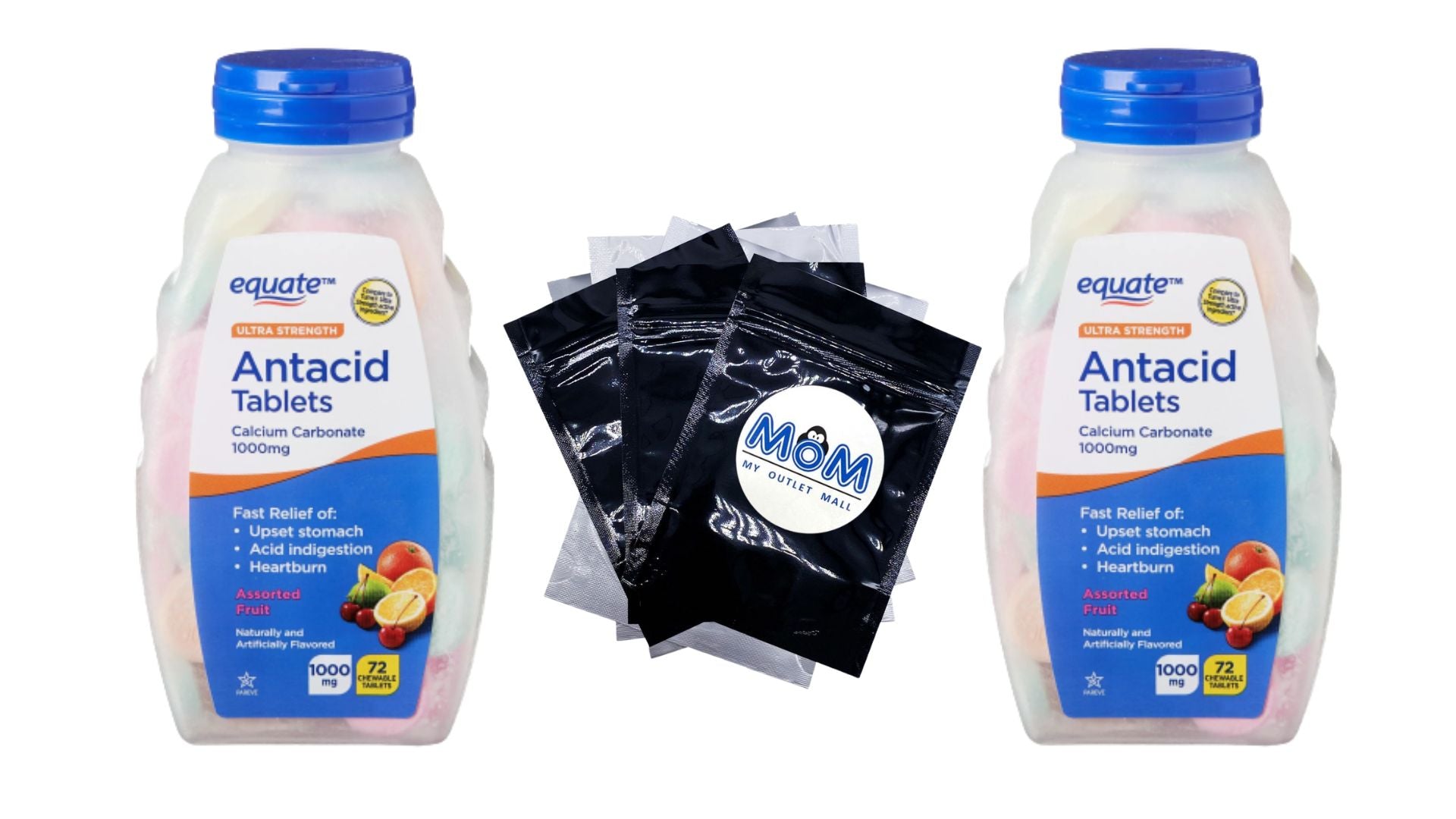 Ultra Strength Antacid Chewable Fruit Tablets 1000mg, 2 pack, 72 count per pack, plus 3 My Outlet Mall Resealable Storage Pouches