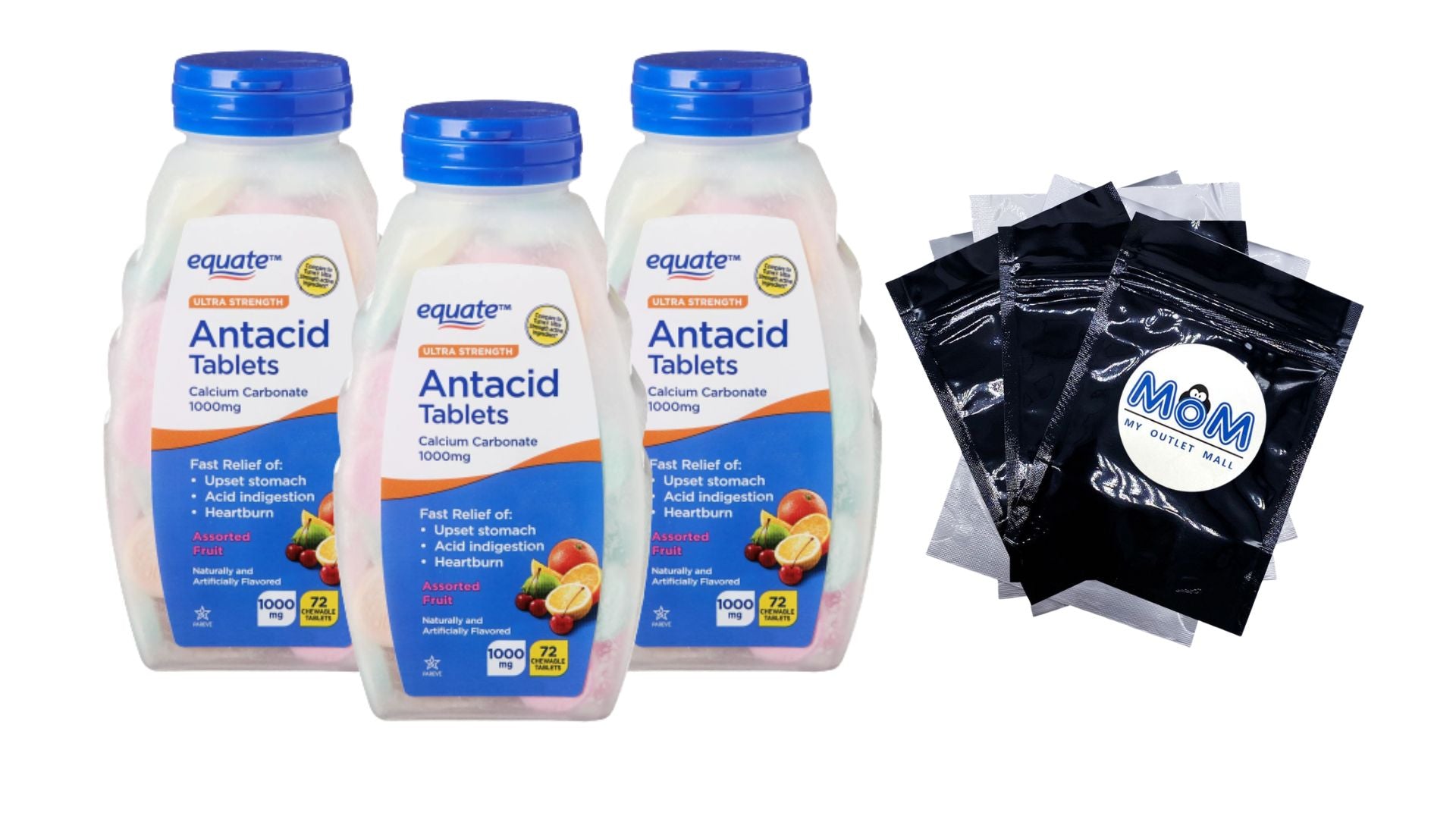 Ultra Strength Antacid Chewable Fruit Tablets 1000mg, 3 pack, 72 count per pack, plus 3 My Outlet Mall Resealable Storage Pouches