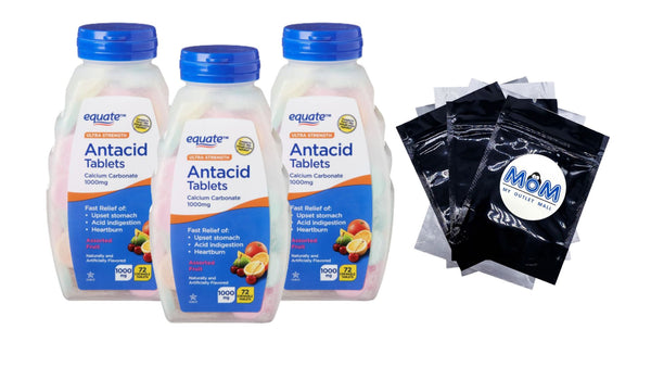 Ultra Strength Antacid Chewable Fruit Tablets 1000mg, 3 pack, 72 count per pack, plus 3 My Outlet Mall Resealable Storage Pouches