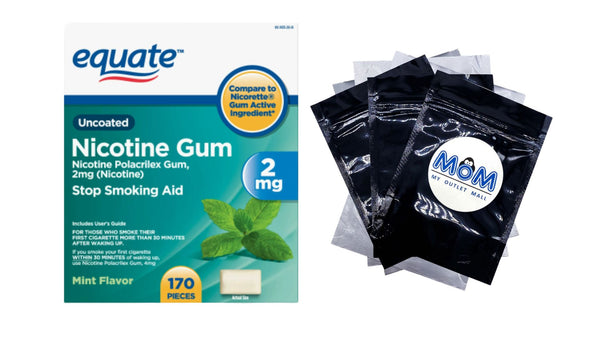 Uncoated Nicotine Gum 2 mg, Stop Smoking Aid, Mint Flavor, 1 pack, 170 count, plus 3 My Outlet Mall Resealable Storage Pouches