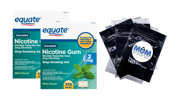 Uncoated Nicotine Gum 2 mg, Stop Smoking Aid, Mint Flavor, 2 pack, 170 count per pack, plus 3 My Outlet Mall Resealable Storage Pouches