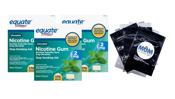 Uncoated Nicotine Gum 2 mg, Stop Smoking Aid, Mint Flavor, 3 pack, 170 count per pack, plus 3 My Outlet Mall Resealable Storage Pouches