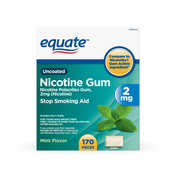 Uncoated Nicotine Gum 2 mg, Stop Smoking Aid, Mint Flavor, 1 pack, 170 count, plus 3 My Outlet Mall Resealable Storage Pouches