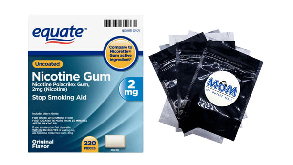 Uncoated Nicotine Polacrilex Gum 2 mg, Original Flavor, 1 pack, 220 count, plus 3 My Outlet Mall Resealable Storage Pouches