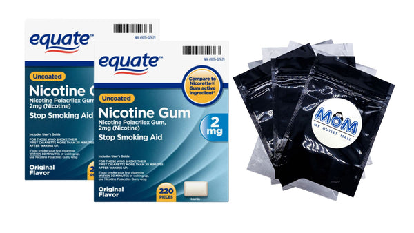 Uncoated Nicotine Polacrilex Gum 2 mg, Original Flavor, 2 pack, 220 count per pack, plus 3 My Outlet Mall Resealable Storage Pouches