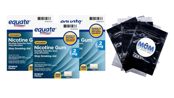 Uncoated Nicotine Polacrilex Gum 2 mg, Original Flavor, 3 pack, 220 count per pack, plus 3 My Outlet Mall Resealable Storage Pouches