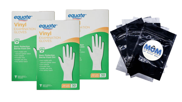 Vinyl Examination Gloves, 3 pack, 50 count per pack, plus 3 My Outlet Mall Resealable Storage Pouches