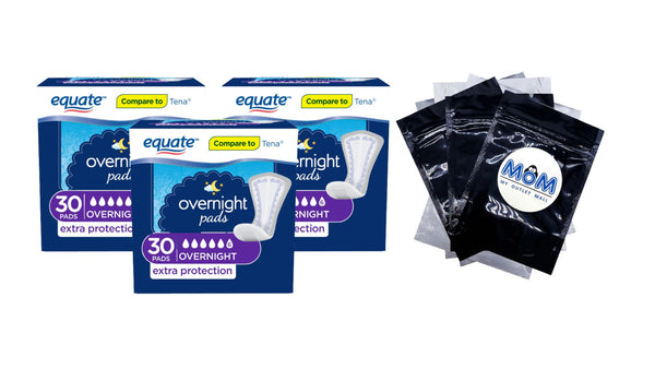 Women's Overnight Extra Protection Incontinence Pads, Overnight Absorbency, 3 pack, 30 count per pack, plus 3 My Outlet Mall Resealable Storage Pouches