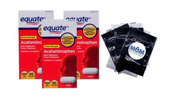 Extra Strength Acetaminophen Caplets, 500 mg - 3 packs - 50 count - plus 3 My Outlet Mall Resealable Storage Pouches
