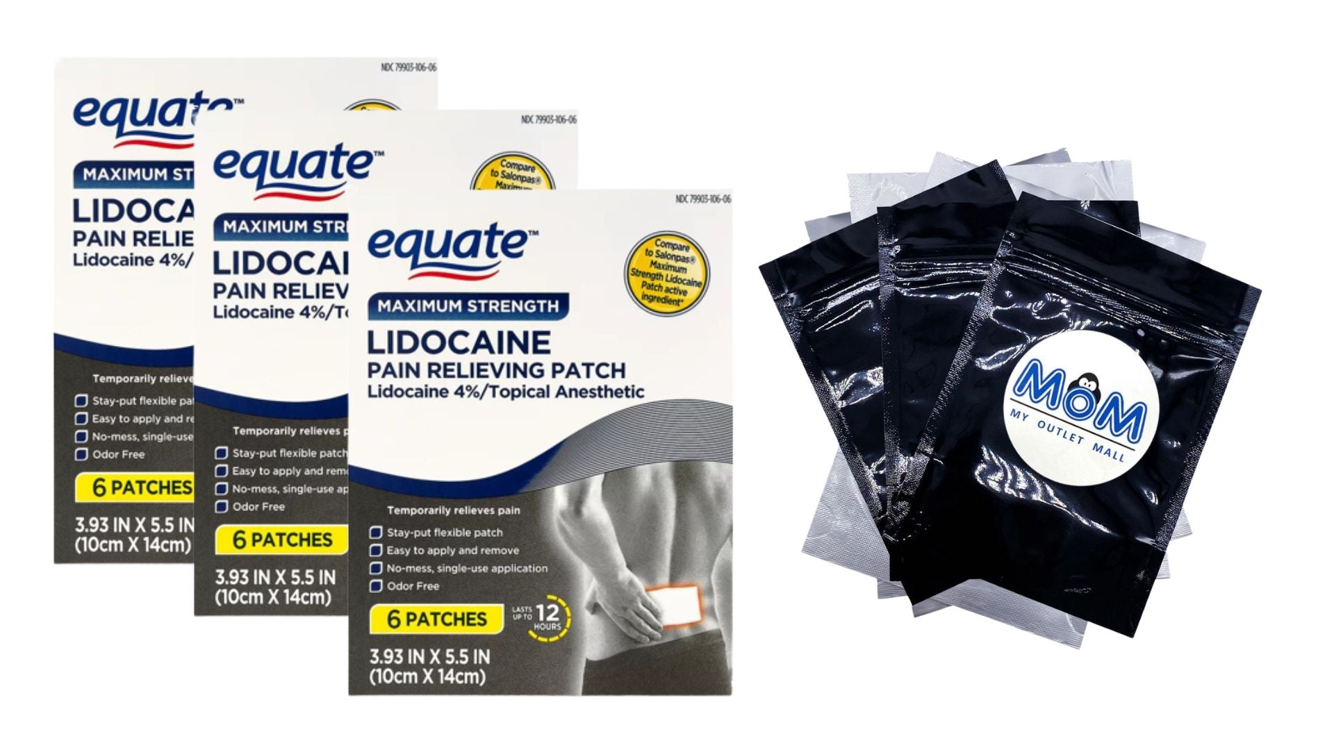 Maximum Strength Lidocaine Pain Relieving Patches - 3 packs - 6 count - plus 3 My Outlet Mall Resealable Storage Pouches