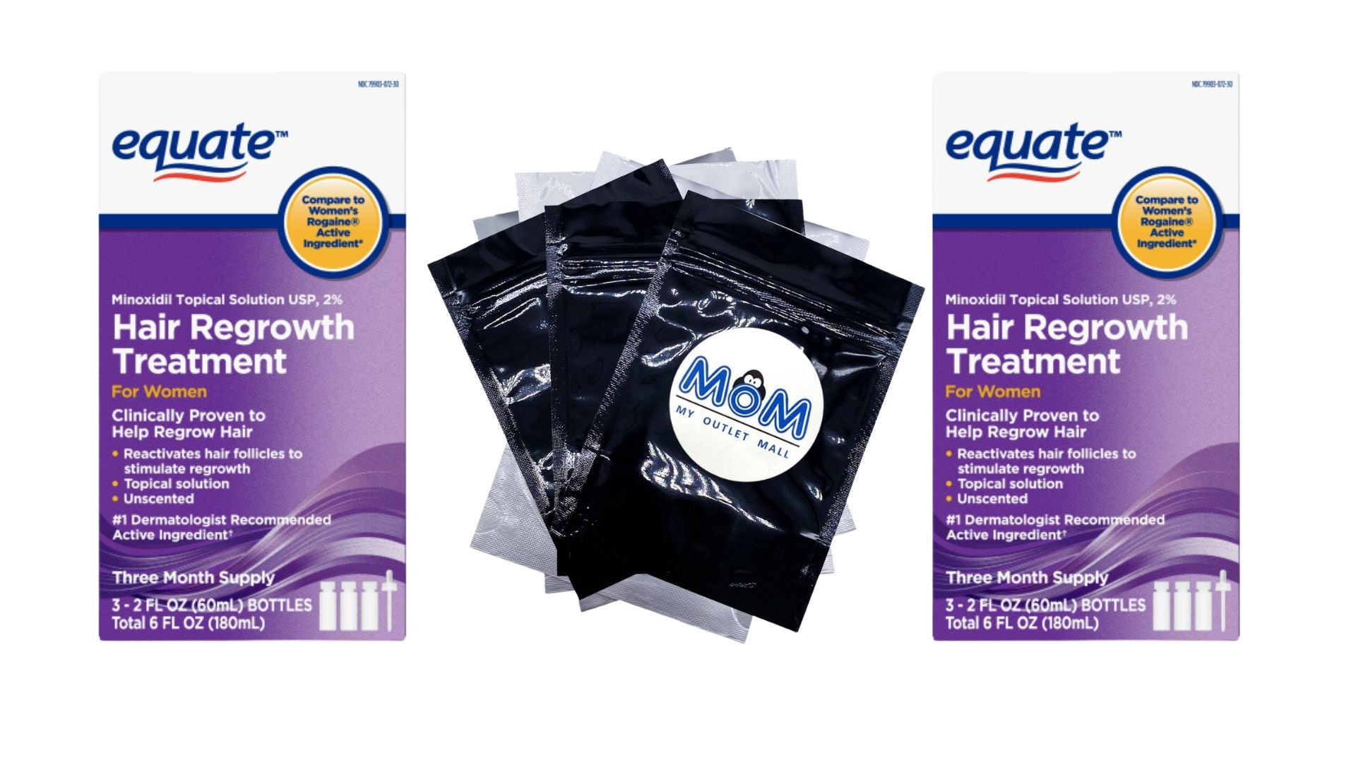 Minoxidil Topical Solution, 2 Percent, Hair Regrowth Treatment for Women, 3 Month Supply - 2 packs - 6fl oz - plus 3 My Outlet Mall Resealable Storage Pouches