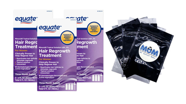 Minoxidil Topical Solution, 2 Percent, Hair Regrowth Treatment for Women, 3 Month Supply - 3 packs - 6fl oz - plus 3 My Outlet Mall Resealable Storage Pouches