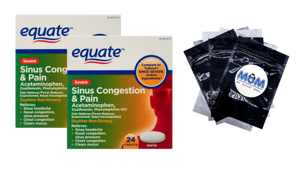 Severe Sinus Congestion and Pain Acetaminophen Caplets 325mg - 2packs - 24 count - plus 3 My Outlet Mall Resealable Storage Pouches