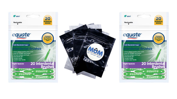Tight Mint Interdental Straight Brushes with Anti-Bacterial Caps - 2 packs - 20 count - plus 3 My Outlet Mall Resealable Storage Pouches
