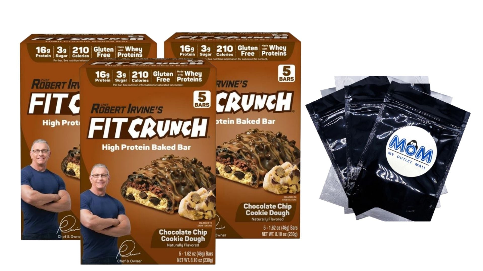 Chocolate Chip Cookie Dough High Protein Baked Bar 16g Protein - 3 packs - 8.10 oz 5 count per pack - plus 3 My Outlet Mall Resealable Storage Pouches