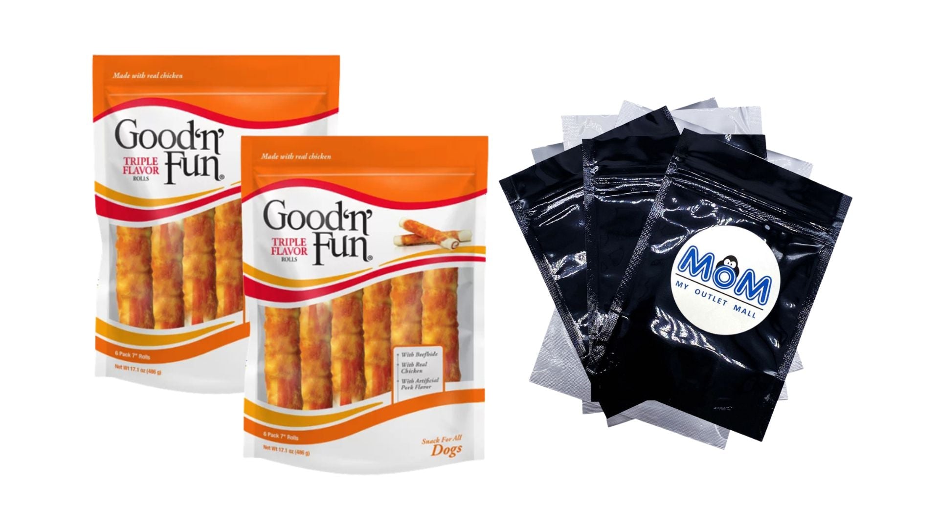 Triple Flavor 7-inch Rolls, Chews for Dogs, 2 pack, 17.1 oz per pack, plus 3 My Outlet Mall Resealable Storage Pouches