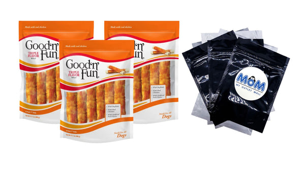 Triple Flavor 7-inch Rolls, Chews for Dogs, 3 pack, 17.1 oz per pack, plus 3 My Outlet Mall Resealable Storage Pouches