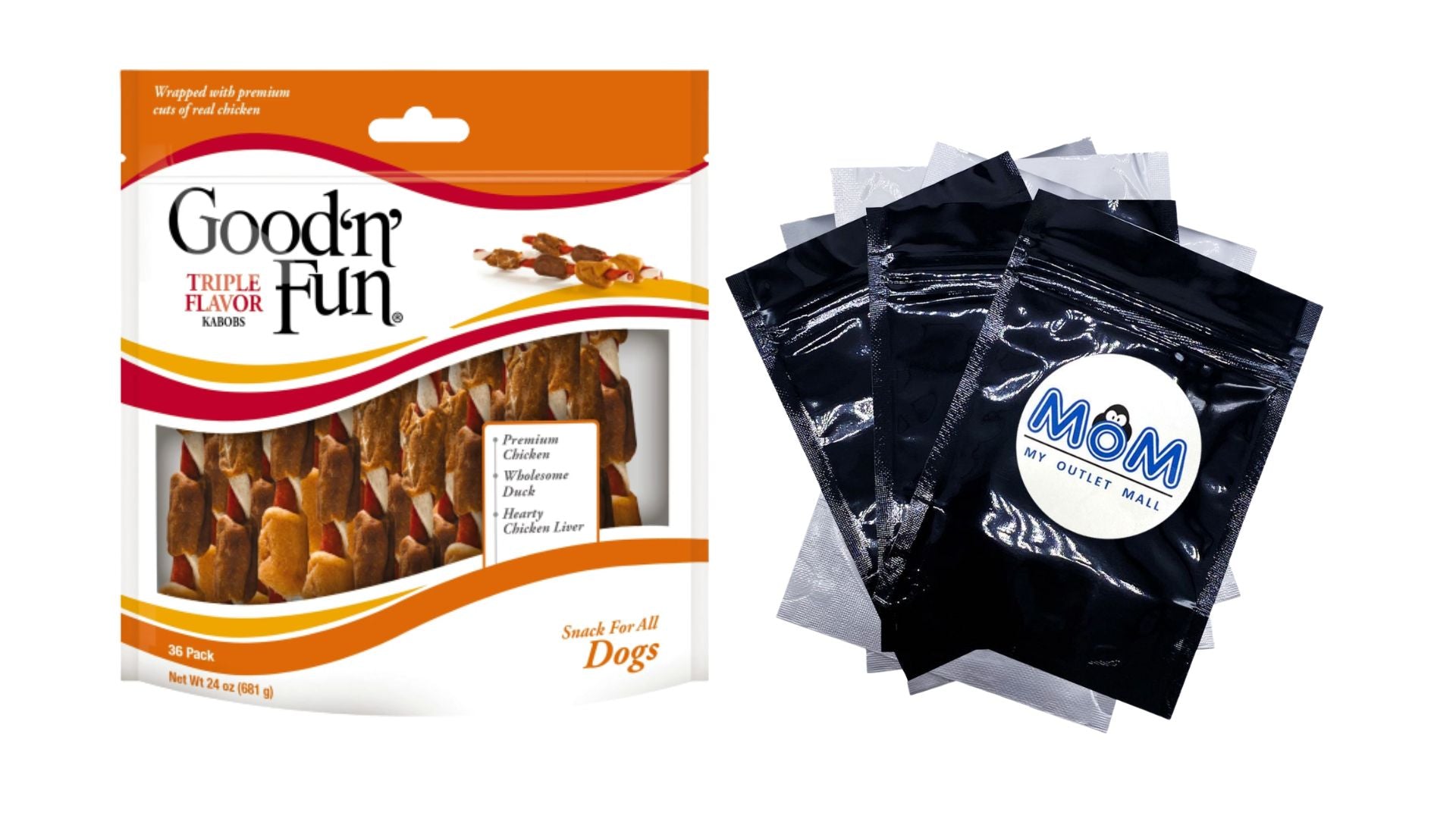 Triple Flavor Kabobs Rawhide Dog Chews, 1 pack, 24oz (36 count)  plus 3 My Outlet Mall Resealable Storage Pouches