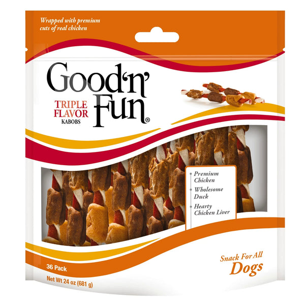 Triple Flavor Kabobs Rawhide Dog Chews, 2 pack, 24oz (36 count) per pack, plus 3 My Outlet Mall Resealable Storage Pouches