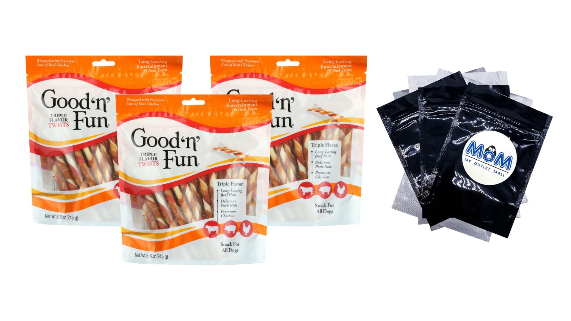 Triple Flavor Twists Rawhide Dog Chews, 3 pack, 8.6 oz (35 Count) per pack, plus 3 My Outlet Mall Resealable Storage Pouches