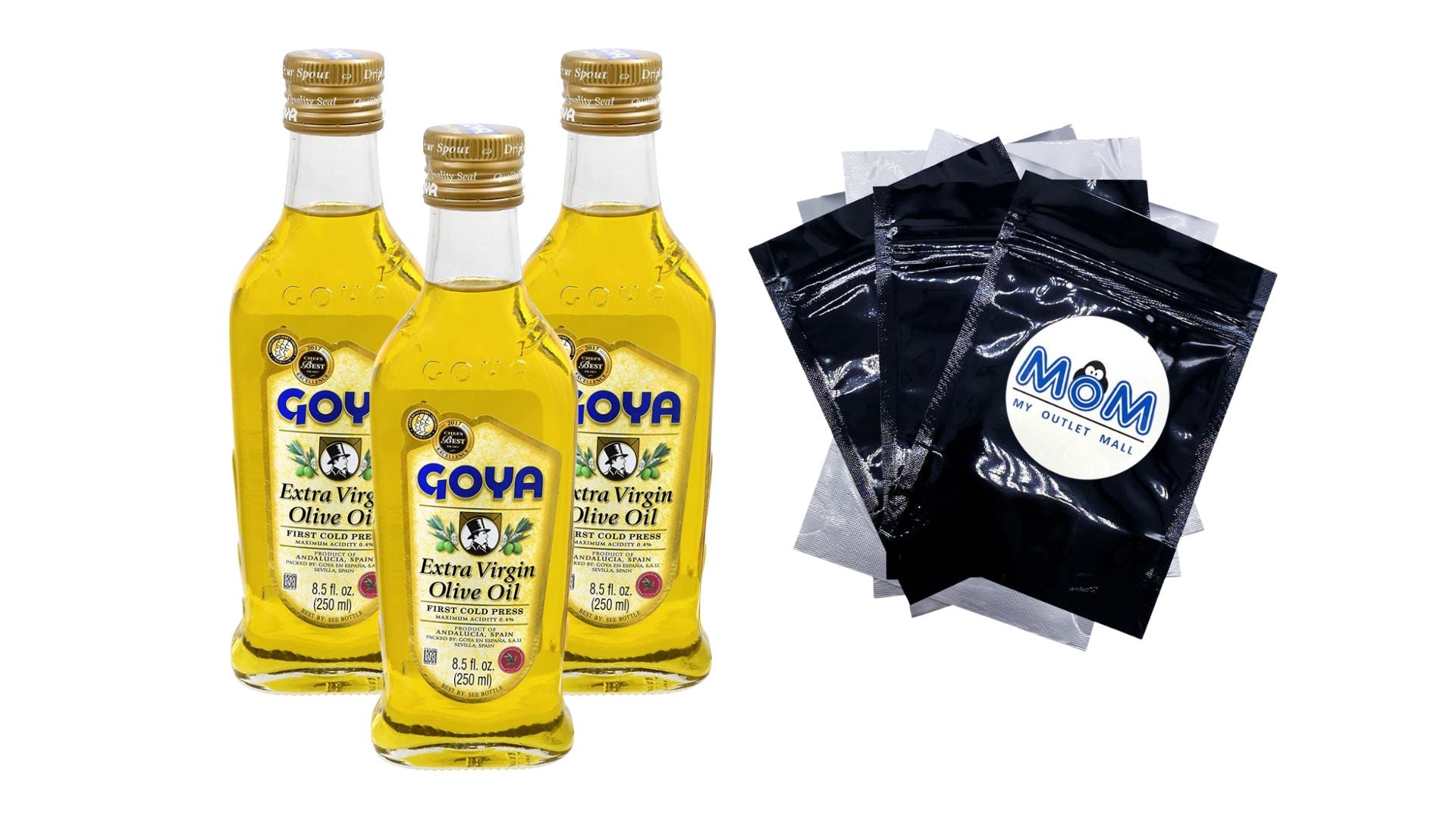 Extra Virgin Olive Oil, 3 pack, 8.5fl oz per pack, plus 3 My Outlet Mall Resealable Storage Pouches