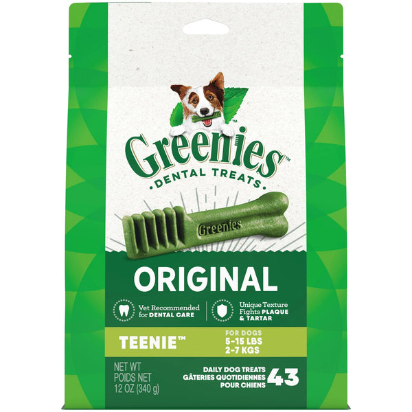 Original Teenie Natural Dental Dog Treats, 3 pack, 12 oz (43 Treats) per pack, plus 3 My Outlet Mall Resealable Storage Pouches