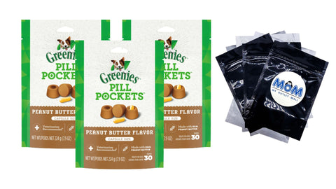 Pill Pockets for Dogs Capsule Size Natural Soft Dog Treats with Real Peanut Butter, 3 pack, 7.9 oz (30 Treats) per pack, plus 3 My Outlet Mall Resealable Storage Pouches