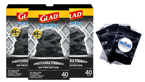 Large Trash Bags, ForceFlex 30 Gallon, Unscented - 3 Packs - 40 Count per pack- plus 3 My Outlet Mall Resealable Storage Pouches
