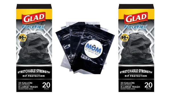 Large Drawstring Trash Bags, ForceFlex 33 Gallon Black Trash Bags - 2 Packs - 20 Count per pack- plus 3 My Outlet Mall Resealable Storage Pouches