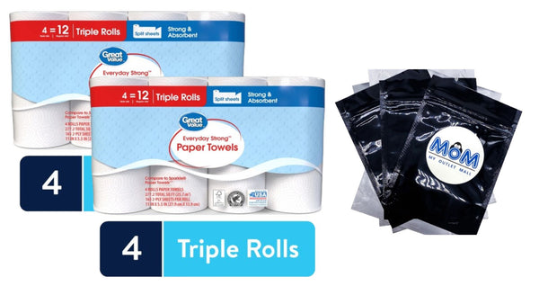 Everyday Strong Paper Towels, Split Sheets - 2 Packs - 4 Triple Rolls per pack- plus 3 My Outlet Mall Resealable Storage Pouches