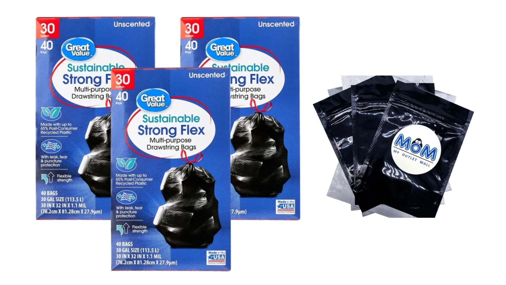 Sustainable Strong Flex 30-Gallon Drawstring Large Multi-Purpose Bags - 3 Packs - 40 Count per pack- plus 3 My Outlet Mall Resealable Storage Pouches