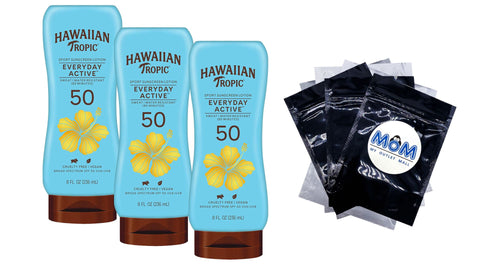 Everyday Active Lotion Sunscreen SPF 50 Won't Clog Pores Sweat and Water Resistant, 3 pack, 8oz per pack, Hawaiian Tropic, plus 3 My Outlet Mall Resealable Storage Pouches