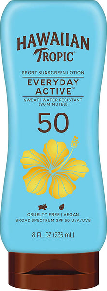 Everyday Active Lotion Sunscreen SPF 50 Won't Clog Pores Sweat and Water Resistant, 2 pack, 8oz per pack, Hawaiian Tropic, plus 3 My Outlet Mall Resealable Storage Pouches