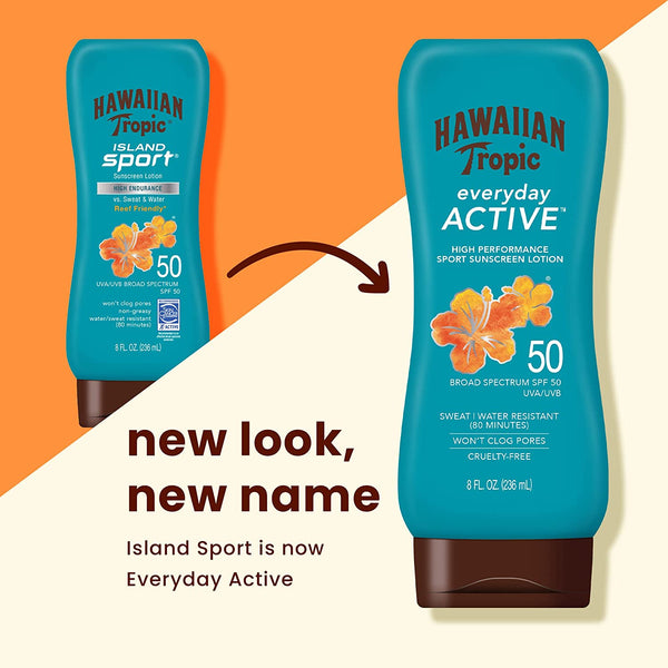 Everyday Active Lotion Sunscreen SPF 50 Won't Clog Pores Sweat and Water Resistant, 2 pack, 8oz per pack, Hawaiian Tropic, plus 3 My Outlet Mall Resealable Storage Pouches