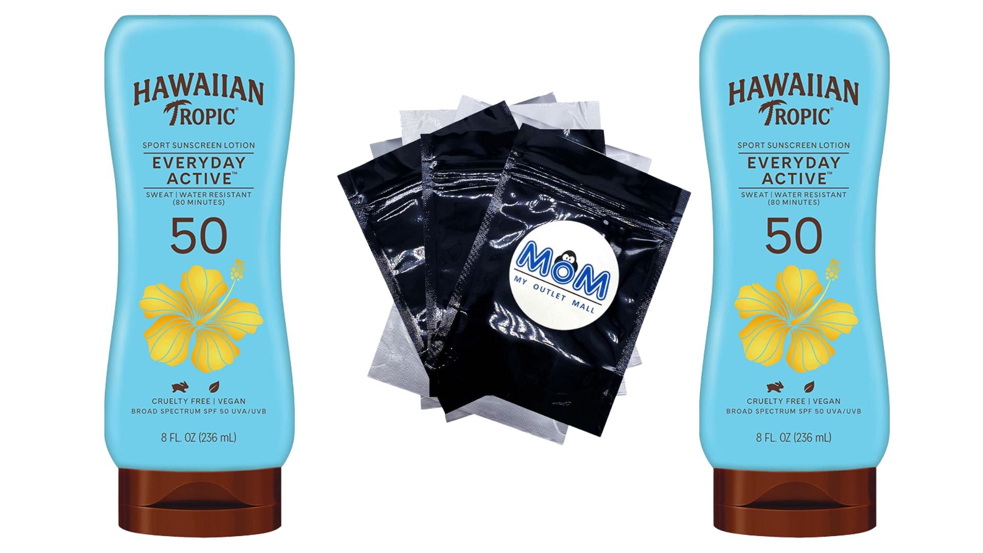 Everyday Active Lotion Sunscreen SPF 50 Won't Clog Pores Sweat and Water Resistant, 2 pack, 8oz per pack, Hawaiian Tropic, plus 3 My Outlet Mall Resealable Storage Pouches