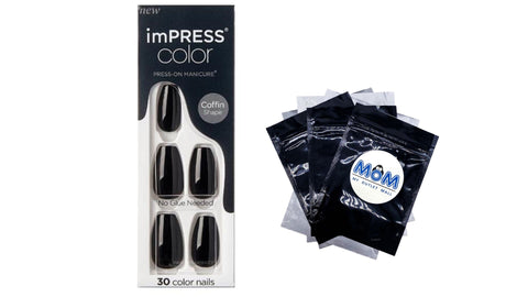 Kiss Impress Color Medium Coffin Press-on Nails, All Black, Kiss Impress, 1 pack, 30 count, plus 3 My Outlet Mall Resealable Storage Pouches